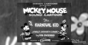 Poster featuring Mickey and Minney in The Karnival Kid, the first Mickey Mouse cartoon in which Mickey speaks