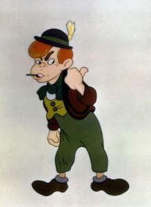 cel from animated feature Pinocchio showing boy named Lampwick looking tough