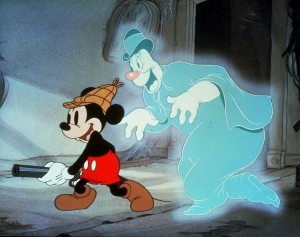 cel from cartoon Lonesome Ghosts featuring Mickey Mouse traipsing through a dark house with a shotgun shadowed by a large blue smiling ghost