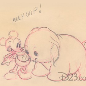 Sketch of Mickey Mouse and his pet elephant Bobo