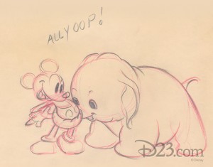 Sketch of Mickey Mouse and his pet elephant Bobo