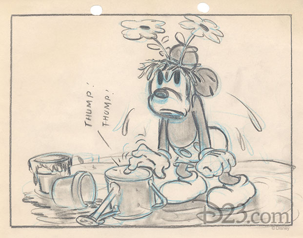 story sketch of a drenched Mickey with a broken flower pot on his head