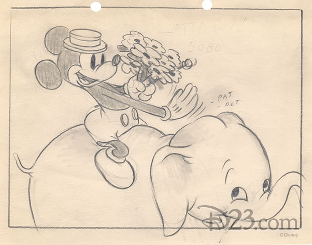 sketch of Bobo creating a lovely flower bouquet for Mickey. . .