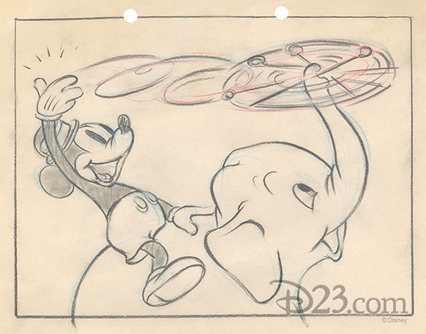 story sketch of Mickey teaching Bobo how to twirl a baton with his trunk.