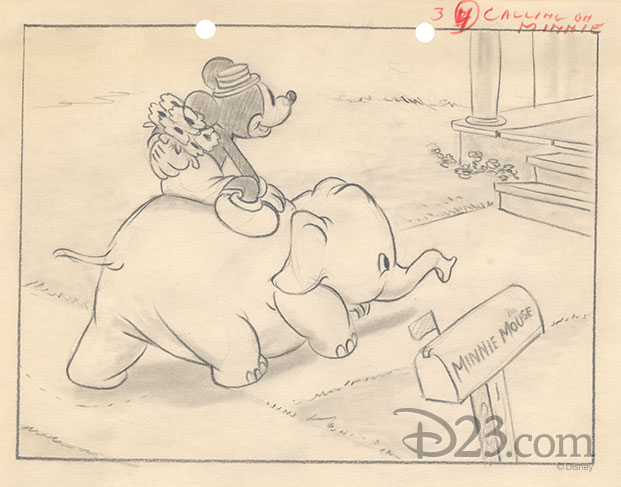 story sketch of Bobo and Mickey arrive at Minnie's house with gifts in hand