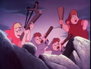 cel from animated Peter Pan showing four boys in battle mode with slingshots, pea shooters, and club