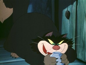 cel from Pluto cartoon showing big menacing alley cat gripping a small blue jar with fiendish grin on its face