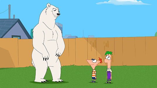 still from animated ABC show Phineas and Ferb featuring a giant polar bear