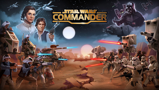 illustrated art for Star Wars Commander free-to-play app for iOS featuring Princess Leia, Han Solo, Darth Vader and various rebel warriors facing off against Imperial Stormtroopers