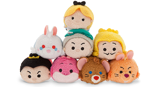 photo of eight Tsum Tsum plush stackable toys based on Alice in Wonderland