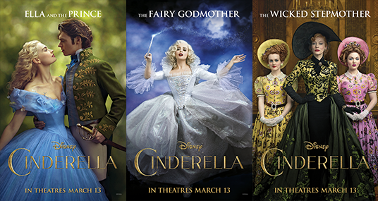 Ella and the Prince, the Fairy Godmother and the Wicked Stepmother from the live-action Cinderella movie
