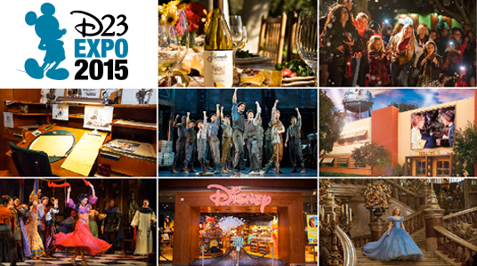 collage of photos from Disney attractions, D23 Members' events, and movie scenes such as Cinderella