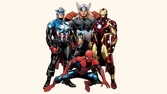 illustration of Marvel characters from Avengers including Captain America, Thor, Iron Man and Spiderman
