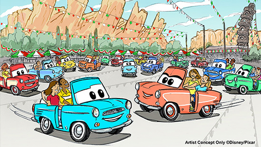 artist's concept of guests driving small cars around in park attraction