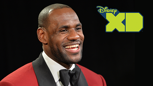 photo of LeBron James in a red jacket and bow tie with Disney XD logo