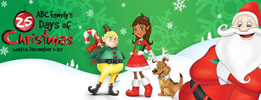 ad art for 25 ABC Family's Days of Christmas watch December 1-26 with images of elves and Santa