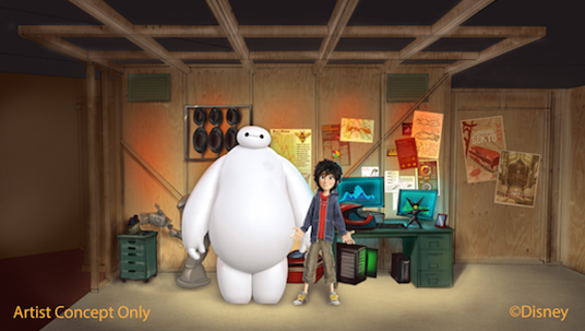 artist's concept illustration of a Big Hero 6-themed attraction featuring characters Hiro and Baymax