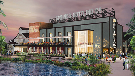 artist's rendering of The Landing's Morimoto Asia topped with Springs Bottling Co. sign in Downtown Disney