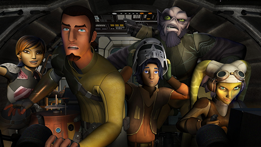 video still from Star Wars Rebels TV series featuring crew of five crowded into spaceship flying