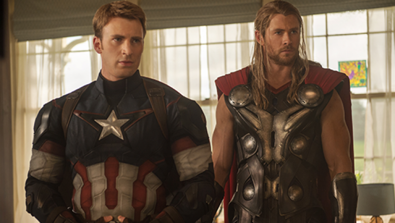 movie frame of Chris Evans and Chris Hemsworth in Marvel Avengers: Age of Ultron