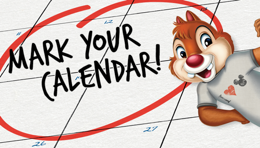 illustration of Chip the chipmunk in front of words Mark Your Calendar