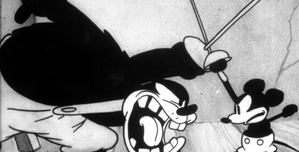 Still of Pete and Mickey Mouse fighting with swords in the 1928 Disney short film "The Gallopin’ Gaucho."