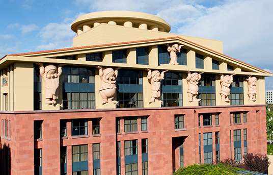 photo of the Team Disney building on the Disney Studios lot featuring the Seven Dwarfs