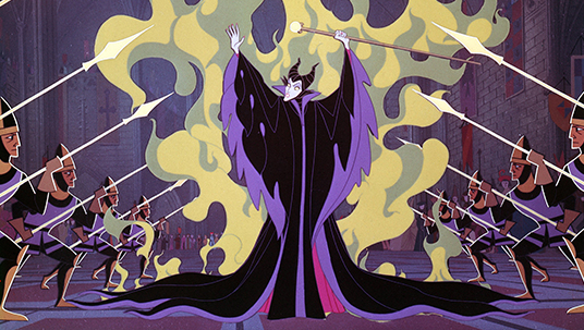 frame from animated feature Sleeping Beauty showing evil fairy Maleficent conjuring smoke and fire as lines of spear-wielding soldiers guard her