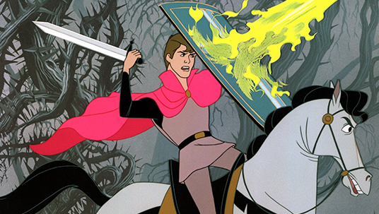 cel from animated Sleeping Beauty showing prince on horse wielding sword and fending off a blast of fire with his shield