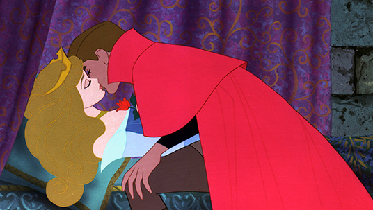 still frame of Sleeping Beauty showing the prince kissing the princess