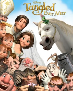 art card showing characters from animated movie Tangled and text Tangled Ever After