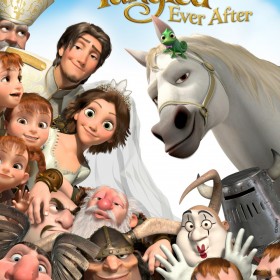 art card showing characters from animated movie Tangled and text Tangled Ever After