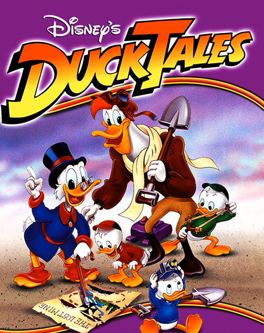 poster for Disney's DuckTales featuring Scrooge McDuck, Launchpad McQuack, Huey, Louie, and Dewey