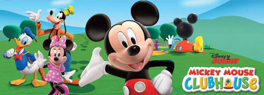 title card for Disney Junior Mickey Mouse Clubhouse featuring Mickey Mouse, Minnie Mouse, Donald Duck, and Goofy