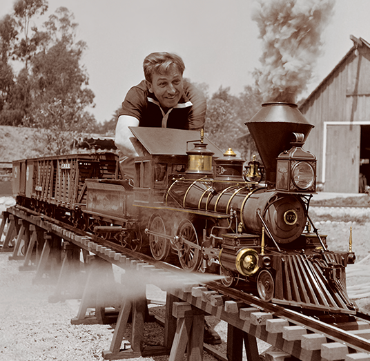 Walt Disney with the Lilly Belle steam train in 1951