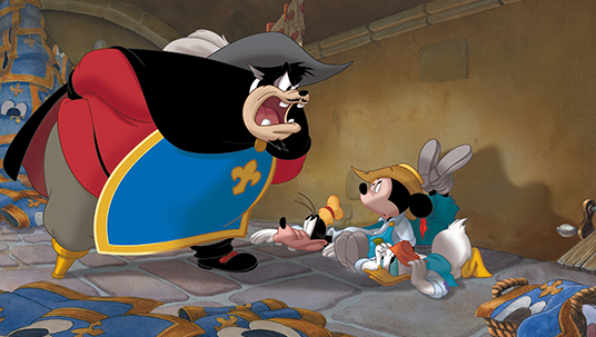 Pete the villian yelling at Mickey, Donald, and Goofy in The Three Musketeers