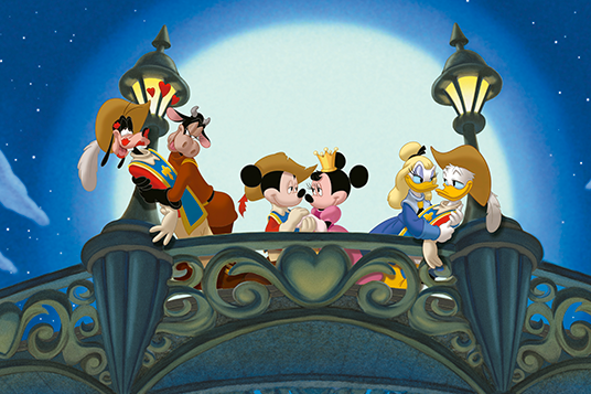 Mickey, Donald, and Goofy with their girlfriends in The Three Musketeers