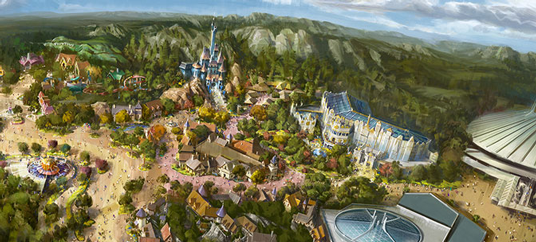 artist's painted rendering of Tokyo DisneySea as aerial view showing roads and paths, pavilions and rides, attractions including a large castle nestled in the hillside at far perimeter