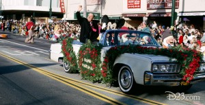 Photo of Walt Disney and Mickey Mouse riding in the Tournament of Roses Parade, Jan. 1966.