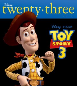 cover of Disney Twenty-Three D23 Magazine featuring Woody from the animated movie Toy Story 3