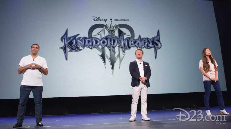 photo of Shinji Hashimoto, Larry Sparks, and Kaori Takasue on stage for Kingdom Hearts presentation