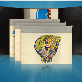 photo of reproduction albums of original Disneyland illustrated design renderings of Disneyland