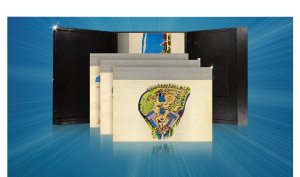 photo of reproduction albums of original Disneyland illustrated design renderings of Disneyland