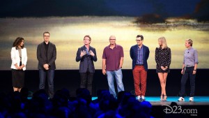 photo of assembled cast of animated movie Coco including Coco Cast: Lindsey Collins, Angus Maclane, Andrew Stanton, Ed O'Neill, Ty Burrell, Kaitlin Olson, Ellen Degeneres