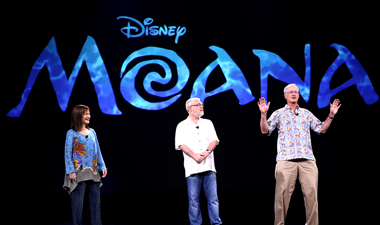 photo of Osnat Shurer, Ron Clements, John Musker on stage speaking about Disney's Moana