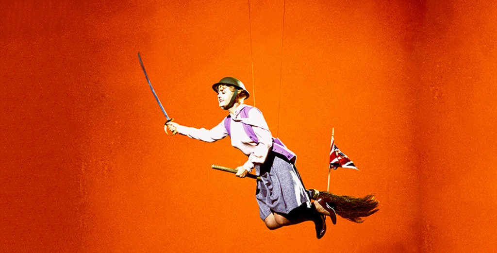 Angela Lansbury flying on a broom in Bedknobs and Broomsticks