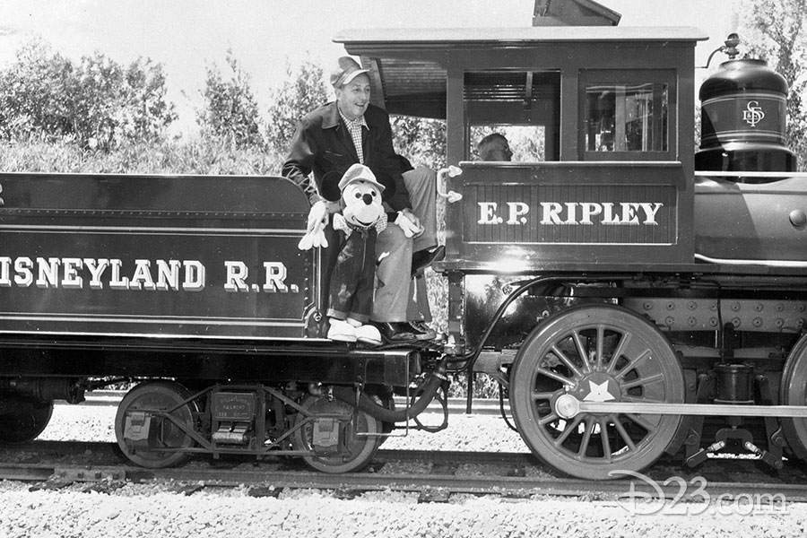 Walt Disney riding the E.P. Ripley with Mickey Mouse.