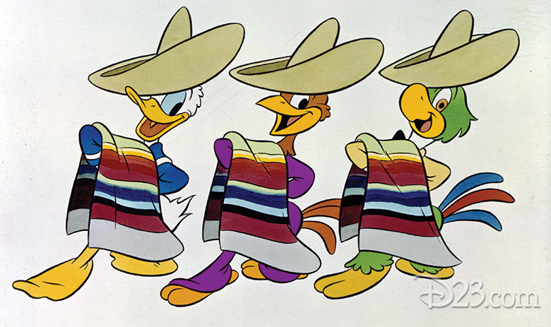 Donald Duck (left, Panchito Pistoles (middle), Jose Carioca (right)