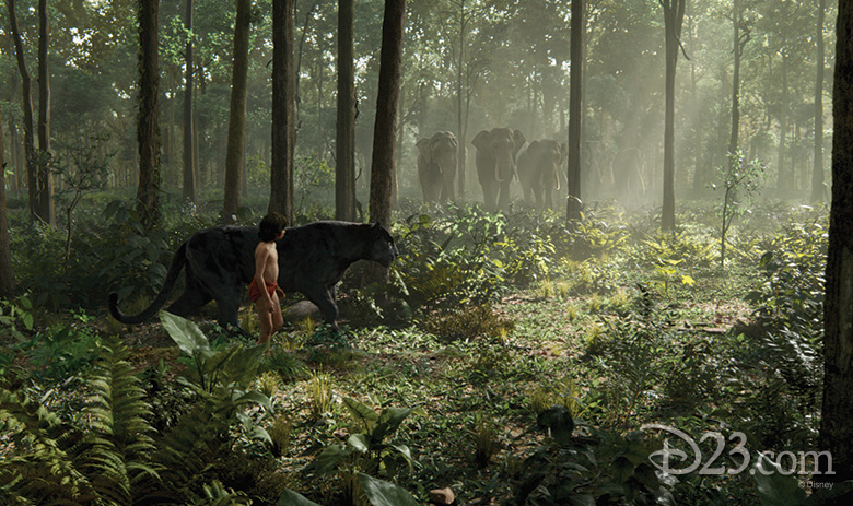 Mowgli, Bagheera, and elephants