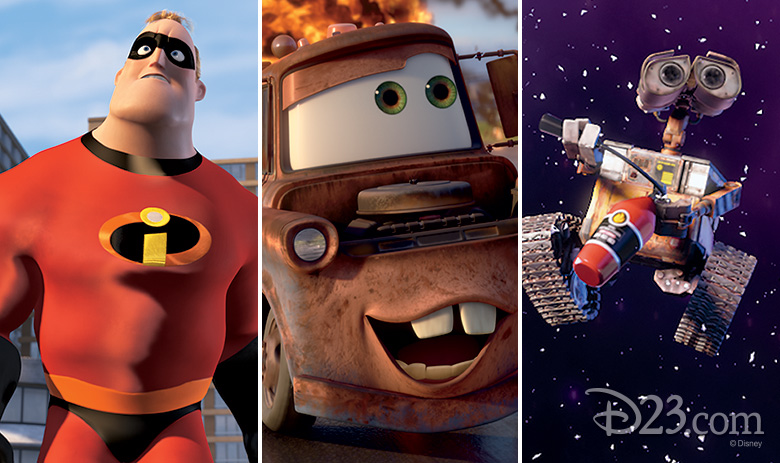 Mr. Incredible, Mater, and WALL-E